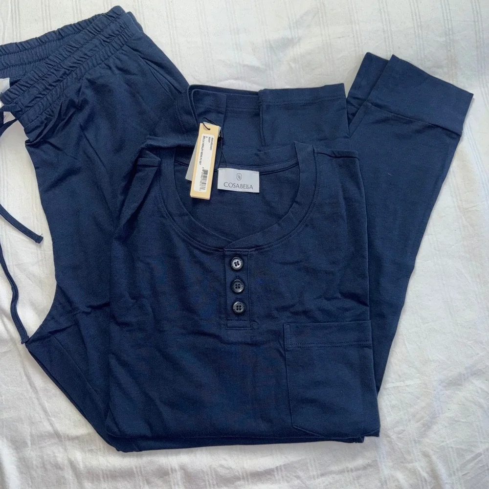 Cosabella Bella Henley Mens PJ Set Navy Blue Long Sleeve Pajamas S